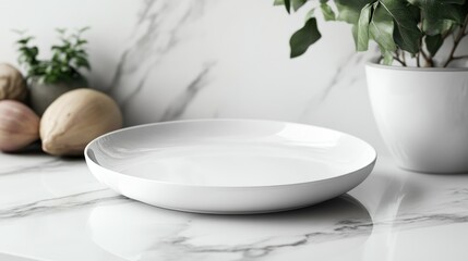 Empty white plate on marble counter