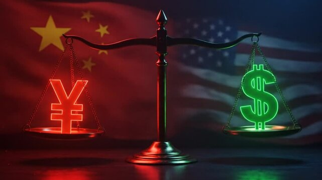 Dynamic visual comparison of chinese yuan and american dollar currency symbols balancing on scale
