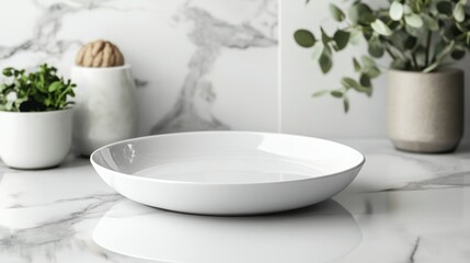 Empty white dish on marble surface