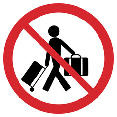 No entry with large luggage sign, prohibitive tone, person carrying multiple suitcases on a red background