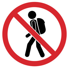 No large backpacks allowed sign, prohibitive tone, person with a backpack on a red background