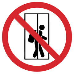 Restricted space – no big bags sign, prohibitive tone, person with a backpack exiting an elevator on a red background