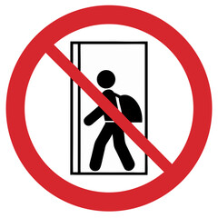 Restricted space – no big bags sign, prohibitive tone, person with a backpack exiting an elevator on a red background