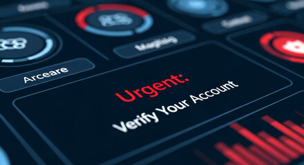 Close-up of a dark interface displaying "Urgent: Verify Your Account" in red, surrounded by charts and buttons, symbolizing an important online security notification