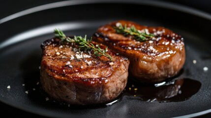 two steaks are on a black plate