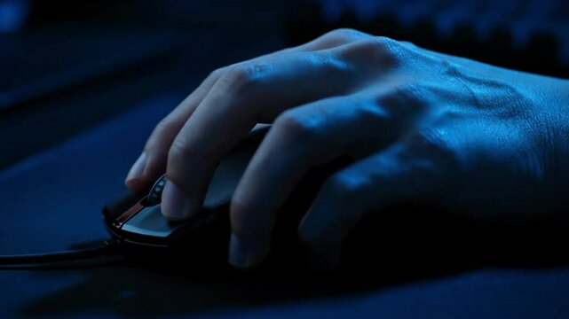Mano Usando Mouse en Ambiente Oscuro con Iluminaci&oacute;n Azul