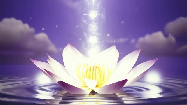 Serene and mystical lotus flower blooming with divine light and ancient symbols
