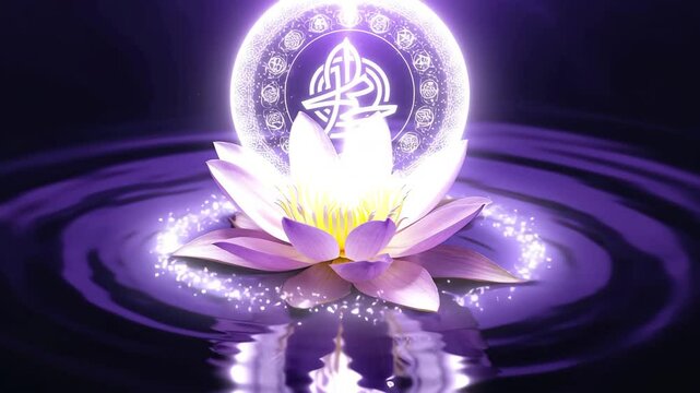 Mystical Lotus Flower Radiating Divine Energy and Sacred Geometry Over Rippling Water