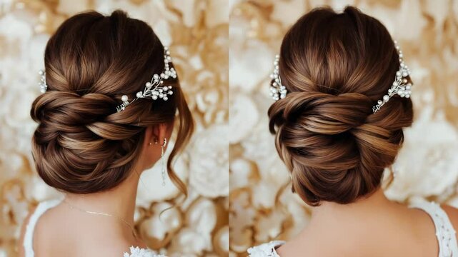 Elegant Bride's Updo Hairstyle with Pearl and Crystal Hairpiece - Side Profile View