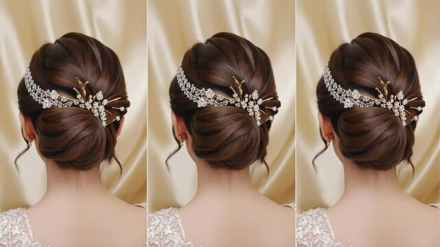 Elegant bridal updo with sparkling hair accessories, transitioning to a luxurious jeweled headband