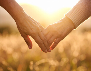 Elderly hands gently touching in golden sunlight, symbolizing love and connection