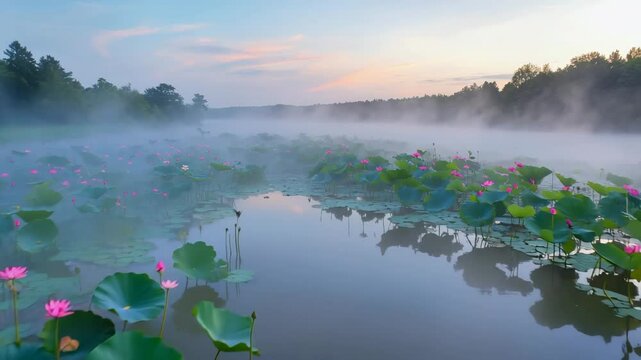 Serene morning over a misty lotus pond with vibrant pink flowers blooming in tranquil water
