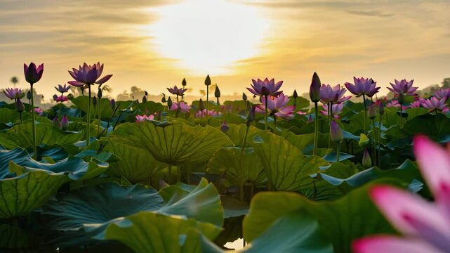Serene lotus pond at sunrise, blooming flowers and vibrant water lilies evoking tranquility