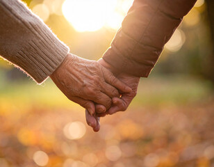 Close-up of Elderly Hands Holding Hands in Autumn Sunlight