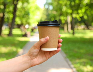 Hand Holding Disposable Coffee Cup Outdoors in Park
