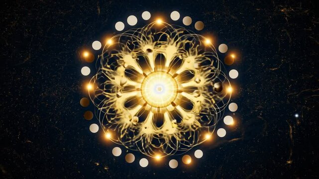 Mystical mandala glows with planetary energy, fading into cosmic night.