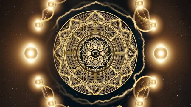 Mystical Golden Mandala Unfolding in Celestial Space with Ethereal Beings