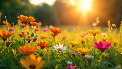 Golden Hour Wildflowers Sun-Drenched Meadow Evoking Warmth, Optimism, and Carefree Summer Days. Perfect for travel, vacation, and seasonal designs.