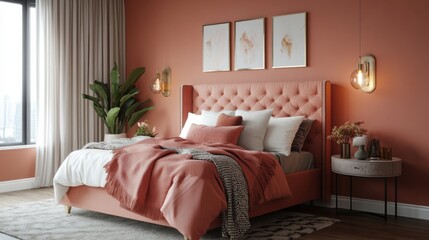 a bedroom with a pink bed and a plant