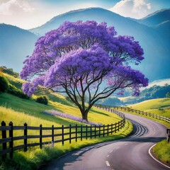 A landscape photograph showcases a solitary, mature purple jacaranda tree as the primary focus, bathed in the warm glow of late afternoon sunlight