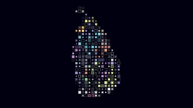 Sri Lanka dotted animation. Shape of the country build of pulsating colored dots. Large size square blocks. Digital style map on dark background. Creative video.