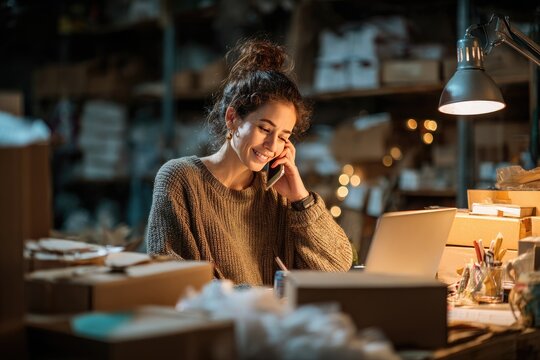A smiling woman in a warehouse, surrounded by packages, speaks on her phone, illuminated by a desk lamp while using a laptop