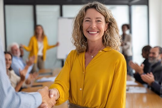 A smiling woman in a yellow blouse shakes hands, a diverse group applauds her in a conference room setting