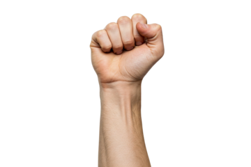 Raised Fist: Arm Extending Upwards with Clenched Fists, Isolated Against a White Background, Symbolizing Power or Protest