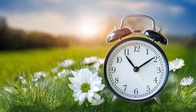 spring forward time change in spring daylight saving time alarm clock on beautiful nature background with green grass and white flowers meadow