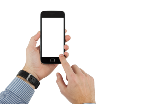 A pair of hands, one wearing a watch, holds and interacts with a smartphone displaying a blank white screen, isolated on Transparent background