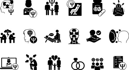 Black Psychology Icon Set. Vector Illustrations Family Psychology, Psychologist, Divorce, Child Psychology, Marriage, Antidepressants, Adoption, Complexes, Fears, Conflicts, Ego, and Others