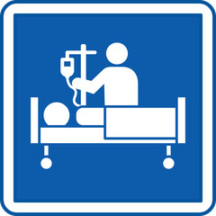 Blue Intensive Care Sign. Vector Illustration. Medical Worker Putting a Drip on a Patient, Treating a Sick Person. Signboard in the Department of the Hospital