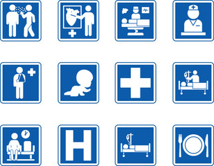 Blue Hospital Signs. Vector Icons Infectious Disease, Medical Services, Nurses Station, Waiting Area, Child Care, Outpatient Department, Surgery, Inpatient, Cafeteria, and More