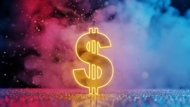 Dynamic glowing golden dollar symbol amidst vibrant colorful smoke and sparkling particles animation