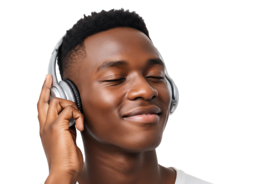 Young black man wearing headphones with eyes closed, peacefully enjoying music, immersed in a personal moment of calm and joyful escape on transparent background