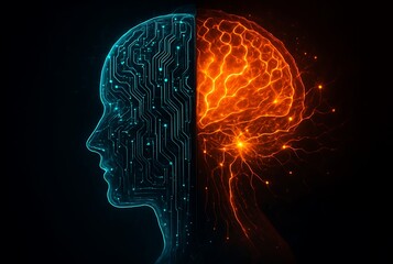 Obraz premium Human Brain vs. AI Exploring the Convergence of Biology and Technology