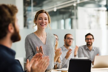 A smiling woman receives applause from a small group of colleagues during a meeting in a modern office