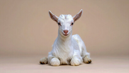 Fototapeta premium Cute White Baby Goat Lying on Beige Background with Curious Expression