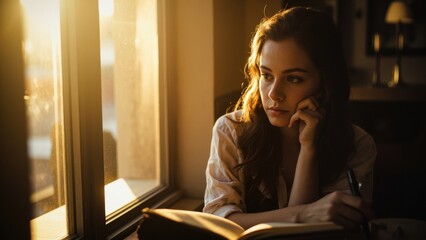 A thoughtful young caucasian woman with long dark hair, wearing a light shirt, gazes out a sunlit window, holding a pen over an open notebook, creating an atmosphere of introspection and creativity