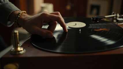 A man's hand with a golden bracelet gently adjusts a vinyl record on a vintage turntable, emphasizing a concept of classic entertainment and refined leisure