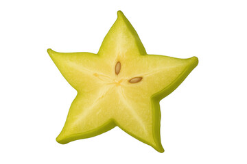 Obraz premium Yellow starfruit slice revealing distinctive geometric form, translucent background highlighting intricate star-shaped cross-section