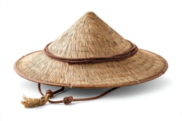 Conical straw hat with wide brim, woven texture, brown cord detail, and knotted chin strap, isolated on white