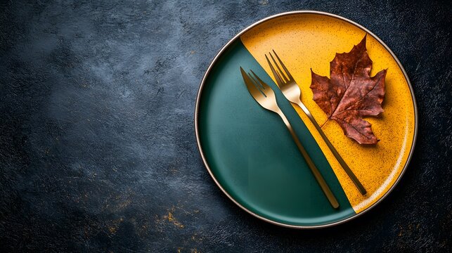 Autumnal Table Setting, Gold Cutlery, Green and Yellow Plate, Dried Leaf