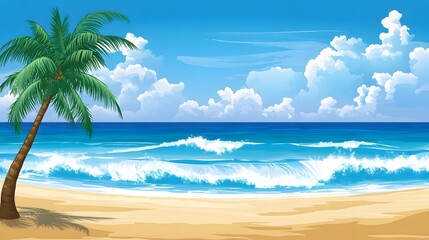 Fototapeta premium Serene Tropical Beach Scene with Palm Tree and Ocean Waves