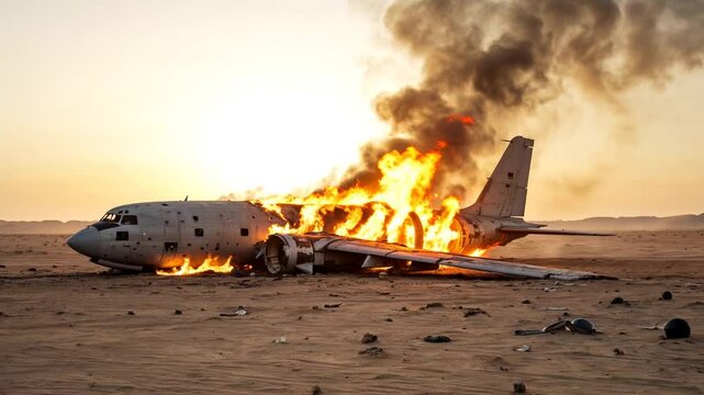 Destroyed Aircraft Burning in Desert Landscape at Sunset With Dramatic Flames and Smoke