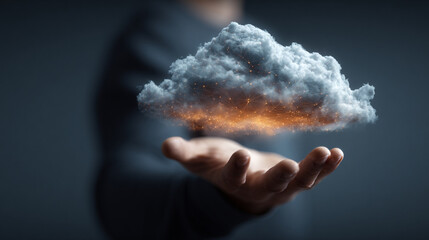 Hand holding a glowing cloud with sparks, representing creativity and imagination in a mystical setting