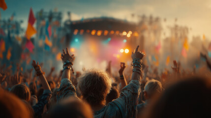 Crowd of festival attendees enjoying live music performance with vibrant atmosphere and colorful flags
