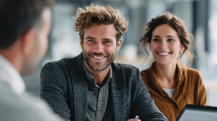 Smiling man and woman engaged in conversation during a business meeting in a modern office