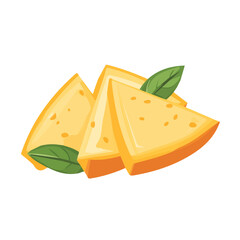 My A Simple flat 2D illustration cheese slices with basil leaf isolated on transparent background, vector, flat design, animation design, simple flat 2D icon, clipart, flat 2D vector, design by me