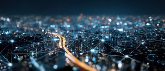 Cityscape at night with network connections futuristic technology illustration